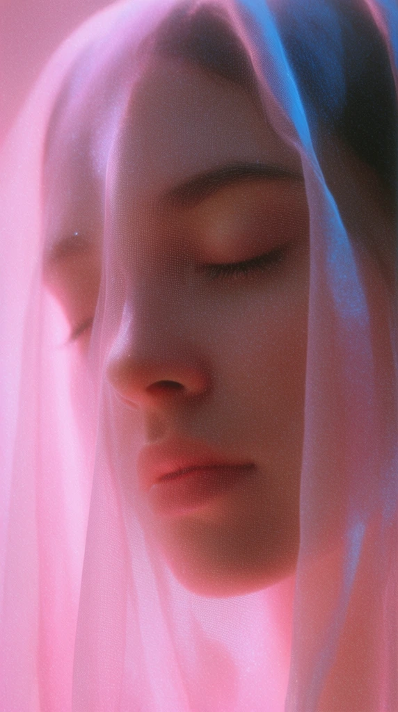 close-up portrait of a serene face with closed eyes veiled in sheer translucent pink fabric, diffused magenta lighting, ethereal glowing atmosphere, fine mesh texture over skin, subtle blue highlights on fabric folds, dreamy grainy film aesthetic