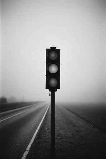 Monochrome Atmospheric Minimalism style reference image — heavy film grain