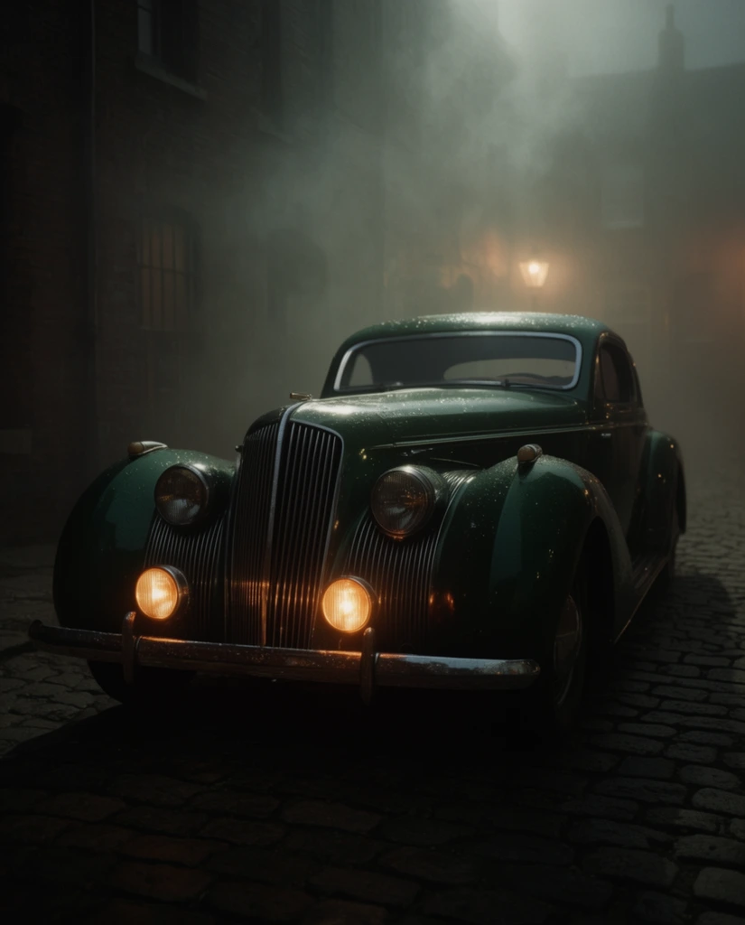 dark green 1930s art deco coupe, low slung body, prominent vertical chrome grille, glowing amber fog lights, wet polished hood, dimly lit cobblestone alleyway, thick rolling fog, silhouettes of brick buildings, faint warm glow from a distant gas lamp, cinematic lighting, moody mysterious atmosphere, heavy mist catching light, deep shadows, neo-noir aesthetic, low camera angle, wide angle lens, front view