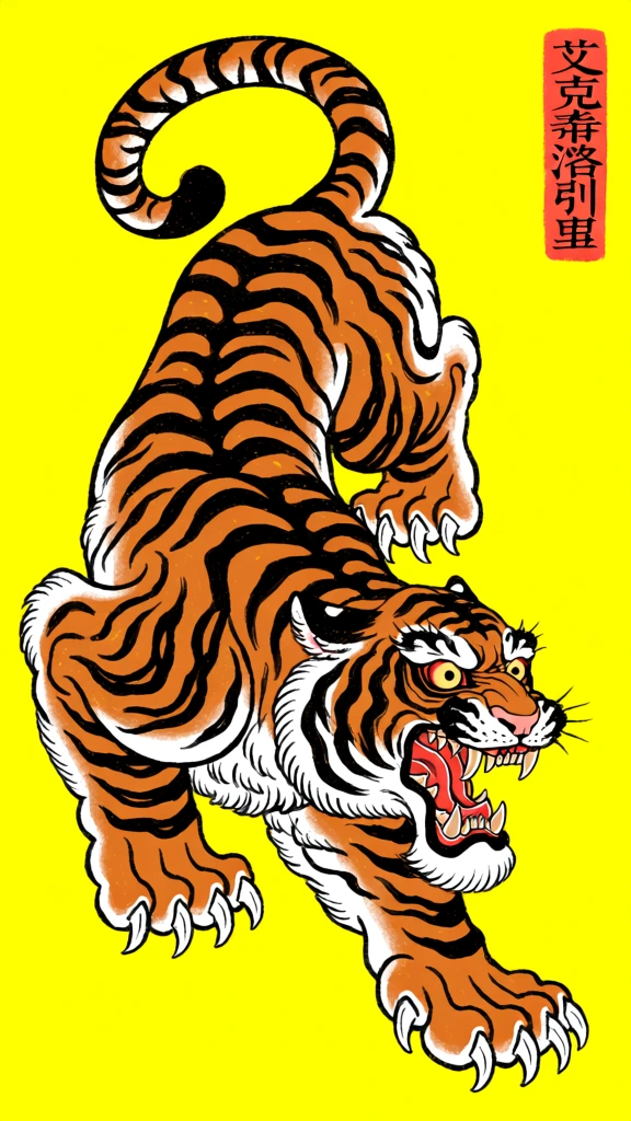An illustration depicts a powerful tiger in a traditional Japanese art style, prowling downwards against a solid, vibrant yellow background. The tiger's body is a rich orange with thick, bold black stripes and white fur highlighting its underbelly, muzzle, and the areas around its eyes. Its muscular form is hunched as it moves, with its long tail curled in a high arc over its back. The tiger's head is turned toward the bottom right, featuring a wide-open mouth that reveals sharp white teeth, a textured red tongue, and a fierce snarl. Its eyes have bright yellow irises and small black pupils, set within detailed black markings. Large, powerful paws with long, curved white claws are extended, emphasizing a sense of movement and aggression. In the upper right corner, a vertical rectangular red seal contains the black characters "艾克希洛里斯" in a traditional block font. The artistic style is characterized by heavy black outlines, stylized muscle definition, and a flat color palette reminiscent of Ukiyo-e woodblock prints or Irezumi tattoo art. The composition is dynamic, with the tiger's curved body creating a diagonal flow from the top left towards the bottom right of the frame.