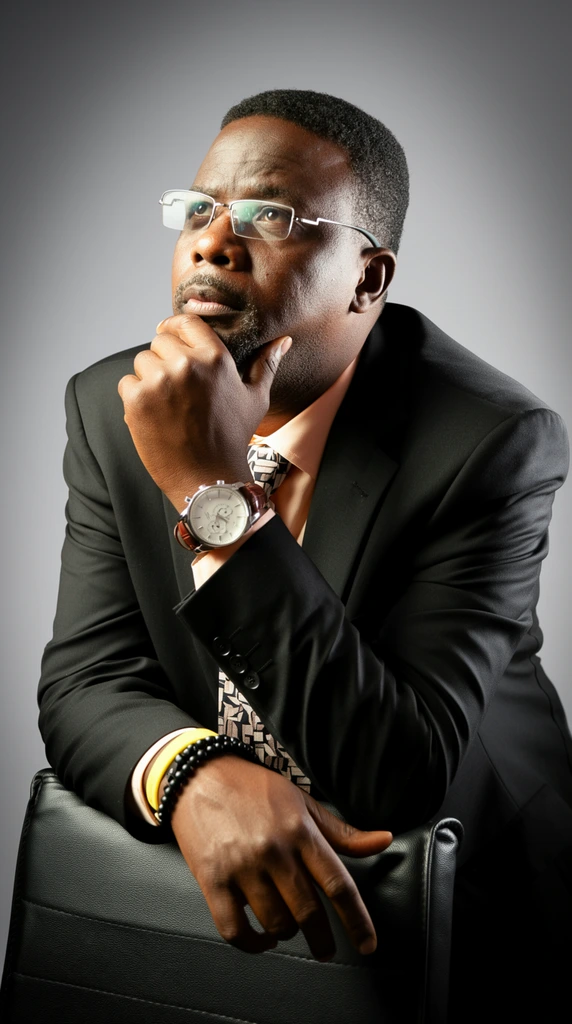 A studio portrait of a pensive middle-aged Black man leaning forward against the backrest of a black leather chair. He wears a tailored black suit jacket, a light peach dress shirt, and a tie patterned with dark geometric shapes. His short dark hair is neatly trimmed alongside a goatee. Rectangular wire-framed glasses catch a subtle glare from the lighting. His posture is contemplative, with his right arm draped across the chair back while his left hand rests thoughtfully against his chin. A large silver watch with a white dial and brown leather strap sits on his left wrist, and a yellow silicone band pairs with a black beaded bracelet on his right. He gazes upward and off-camera to the left. A strong directional key light from the right creates crisp highlights and deep shadows against a seamless gradient grey backdrop, producing a sharp, high-contrast professional aesthetic.