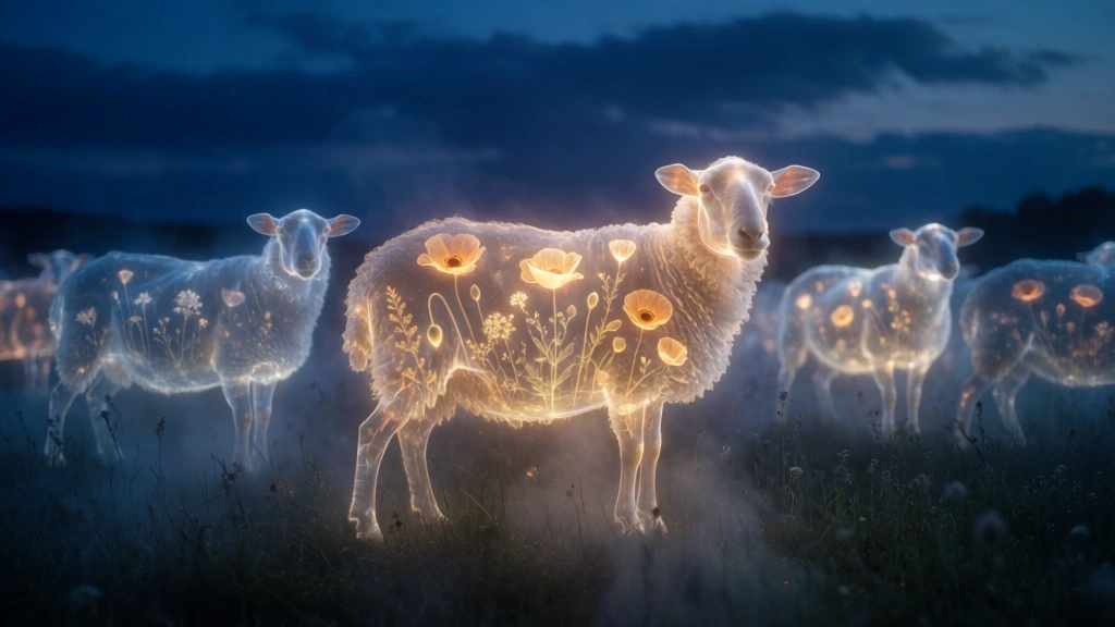 a flock of ethereal semi-transparent sheep in a dark meadow at twilight, a single sheep in the center as the focal point, silhouettes filled with glowing golden-orange poppies and bioluminescent light, sheer gossamer wool textures, backlighting against deep indigo and navy blue sky, atmospheric mist at their feet, soft focus, cinematic lighting, dreamlike surrealist aesthetic, high contrast, warm internal glow radiating through translucent bodies, botanical internal structures.