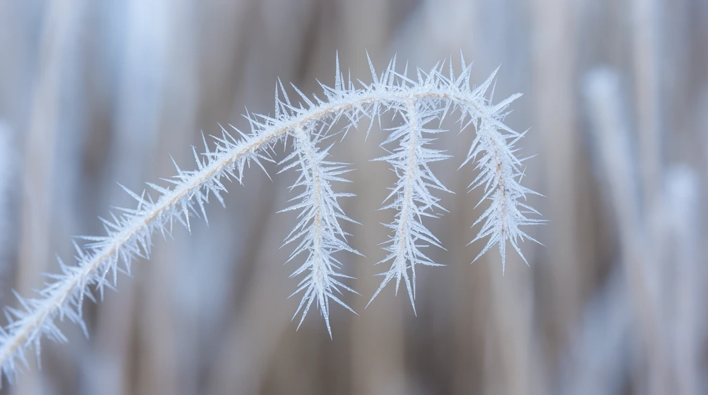 A slender plant stalk gently curves downward, heavily encased in intricate, needle-like hoarfrost. Sharp, translucent crystalline spikes radiate outward from the pale tan stem, with three distinct clusters of frozen filaments hanging vertically like icy pendants. Captured via crisp macro photography, the delicate geometric frost stands in sharp relief against an extremely shallow depth of field. The creamy, out-of-focus background features soft vertical bands of muted taupe, pale gray, and icy blue, suggesting a dense winter meadow. Diffused natural light emphasizes a tranquil, monochromatic cool color palette.