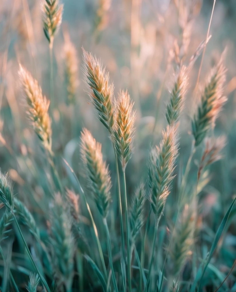 macro photography of wild grass seed heads, bristly green and golden spikelets, tall slender green stems, warm sunlight illuminating the textured tips, shallow depth of field, soft bokeh, out of focus foreground and background grasses, ethereal natural lighting, botanical color palette of muted teals and soft peach