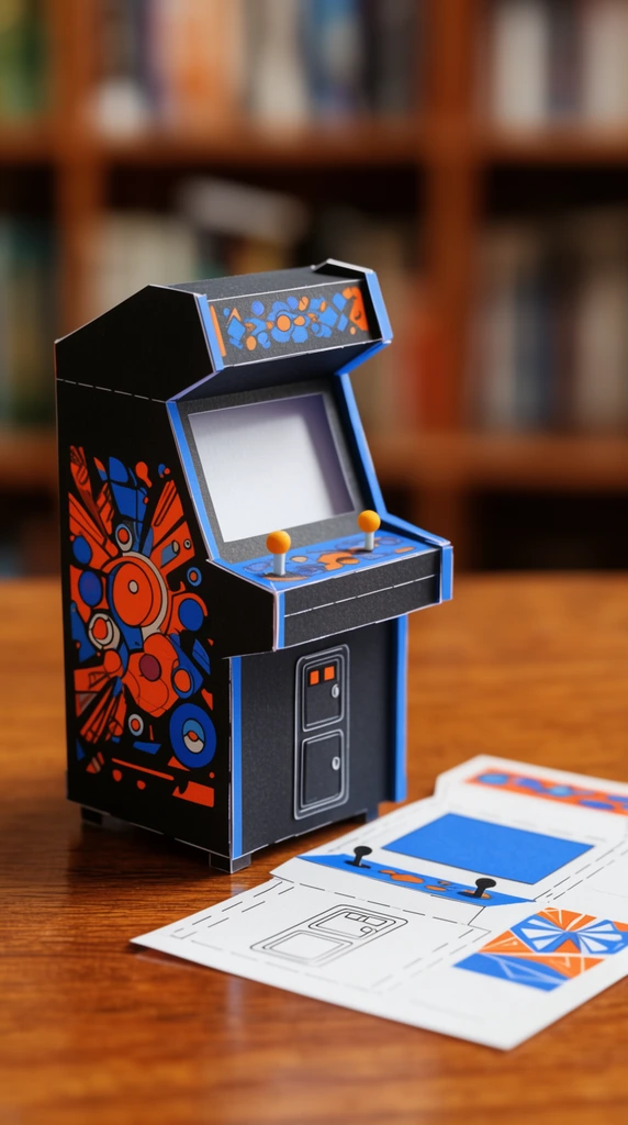 miniature assembled papercraft arcade cabinet, black material with vibrant orange and blue retro illustrations, resting on a polished wooden table, adjacent flat unconstructed paper template sheet with cut lines and geometric designs, heavily blurred background featuring warm wooden bookshelves, shallow depth of field, macro product photography, DIY craft aesthetic