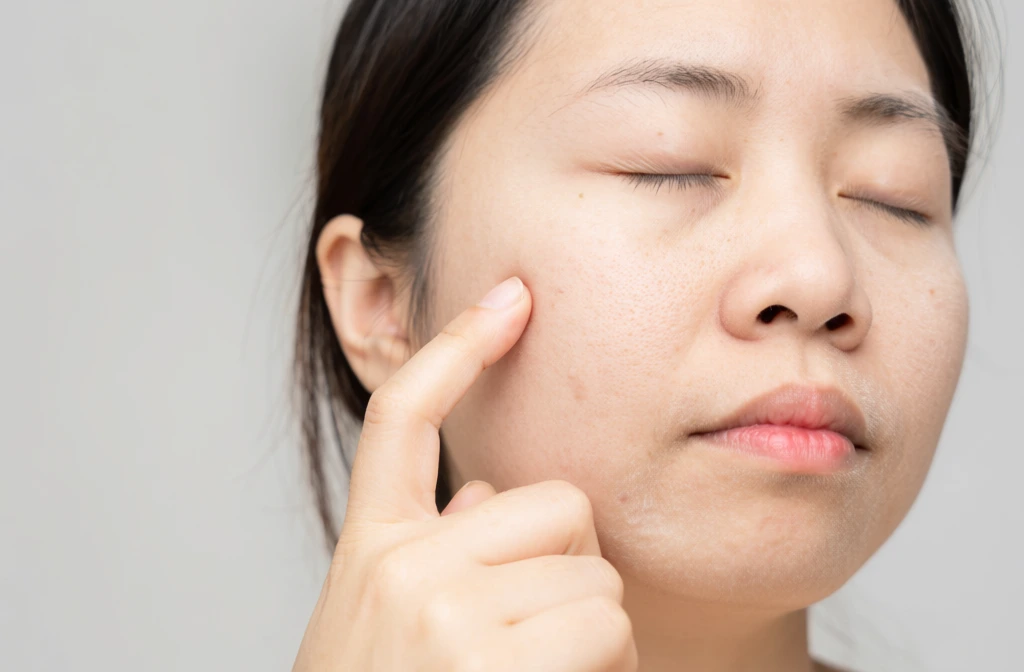 a close-up of the face and hand, focusing on skin texture with visible pores. the model is an asian woman in her late twenties or early thirties, wearing light makeup that accentuates natural beauty without any make up. she has very dry skin with blemishes, she touches her cheek gently with one finger, and there's no sign of wrinkles at all. her lips have subtle pink color, and overall look appears youthful yet healthy. shot by photographer richard avedon, nikon d850 camera, 3/4 angle shot