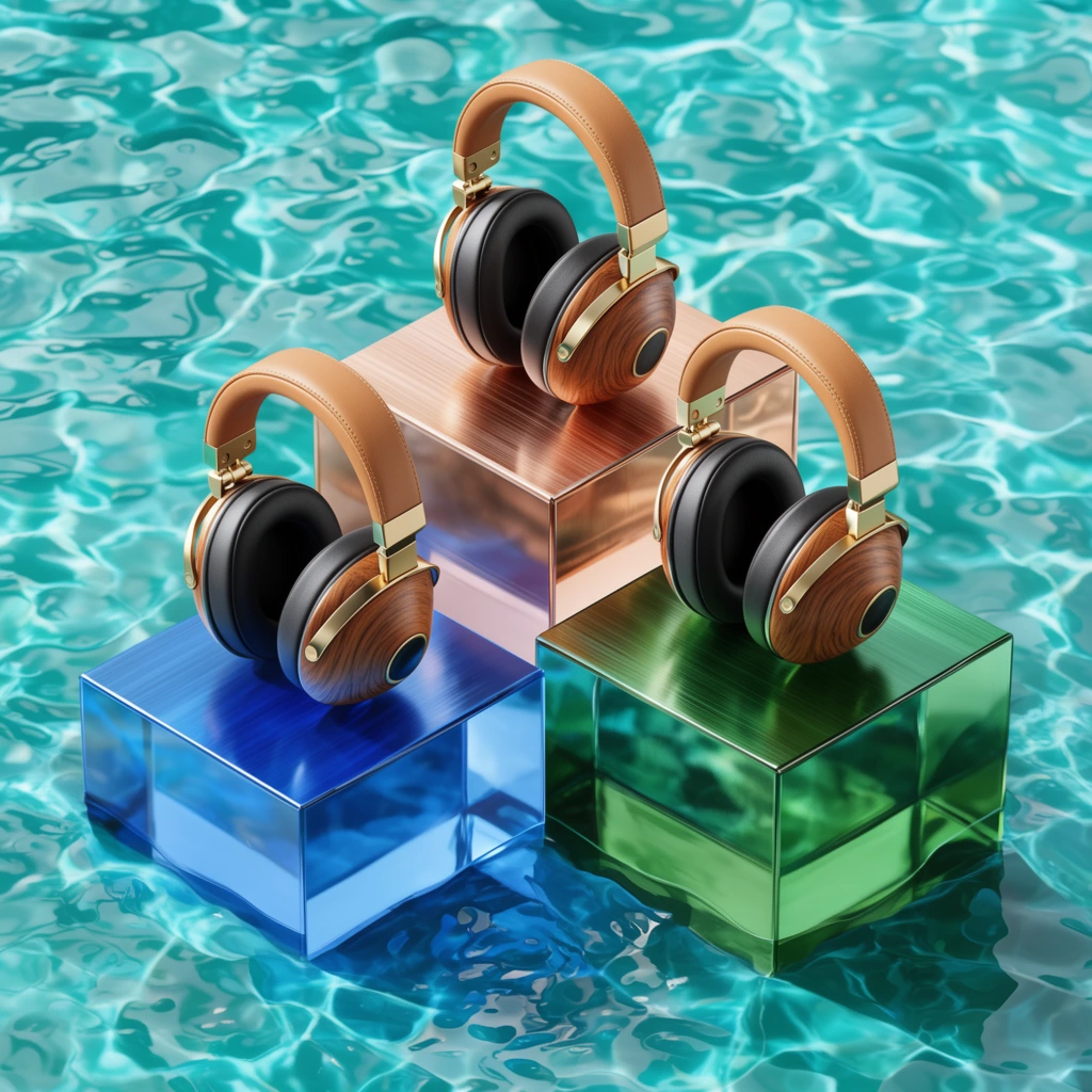 three premium over-ear headphones, tan leather headbands, wood-grain earcups, gold hinges, resting on three transparent cubic podiums, blue, copper, and green glass cubes, diagonally brushed top surfaces, set in rippling turquoise water, crisp caustic reflections, high-end 3D product render, surreal pristine composition, bright lighting, isometric perspective