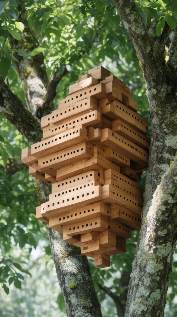 multi-tiered architectural wooden structure suspended in a tree, stacked interlocking light brown wood blocks, rows of tiny square holes, vibrant green leaves, lichen-covered tree trunks, dappled sunlight, shallow depth of field, sharp focus