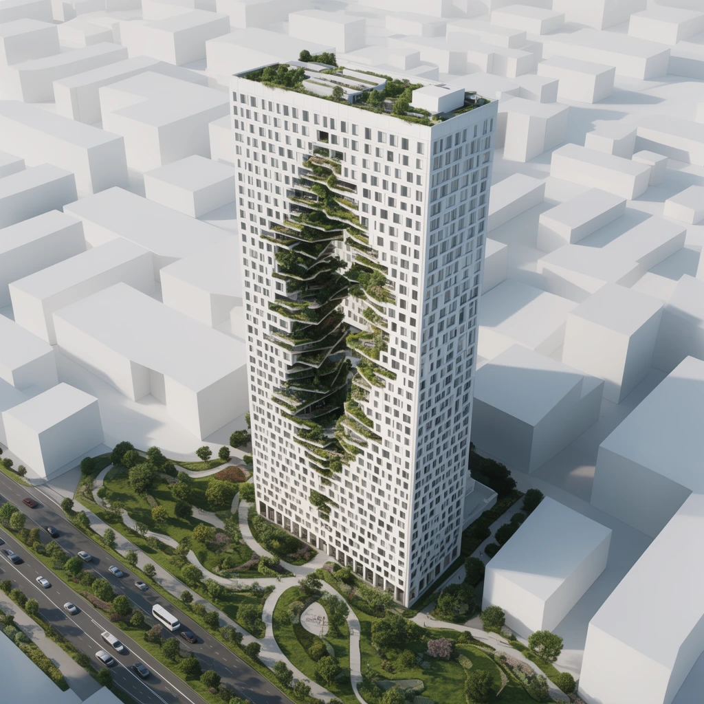 Aerial architectural rendering of a white high-rise featuring a massive, jagged central void cascading with lush green terraces. A uniform grid of square windows covers the facade. The detailed tower is isolated among abstract, untextured white massing models. At the base, a landscaped park with winding paths borders a multi-lane road with miniature vehicles. Soft daylight casts sharp shadows, contrasting the photorealistic main building against the minimalist white urban environment.