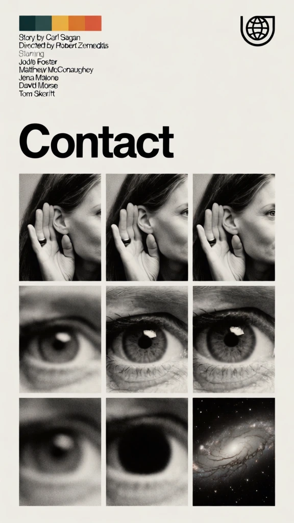 A minimalist film poster for the movie "Contact" features a three-by-three grid of monochromatic, grainy images transitioning from a human face to deep space against an off-white background. The top row of the grid shows three frames of a woman with long dark hair, identified as Jodie Foster, who holds her hand near her ear in a listening gesture while wearing a dark ring on her finger. As the grid progresses from left to right and top to bottom, the focus shifts and zooms increasingly into her left eye, moving from a medium close-up of her face to an extreme close-up of her iris in the second row. The final row continues this zoom, transforming the circular shape of the pupil into a dark, abstract void that culminates in a detailed image of a spiral galaxy in the bottom-right frame. Above the grid, large bold black text in a sans-serif font reads "Contact". In the upper-left corner, smaller black text lists the credits: "Story by Carl Sagan", "Directed by Robert Zemeckis", and "Starring Jodie Foster Matthew McConaughey Jena Malone David Morse Tom Skerritt". A horizontal row of five small colored squares in dark teal, forest green, yellow, orange, and red-orange is positioned at the very top left. Opposite these, in the top-right corner, is a black line-art logo of a globe enclosed within a U-shaped frame. The poster utilizes a structured, Swiss-inspired design with a clean layout, centered composition, and a high-contrast, black-and-white photographic style for the grid elements.