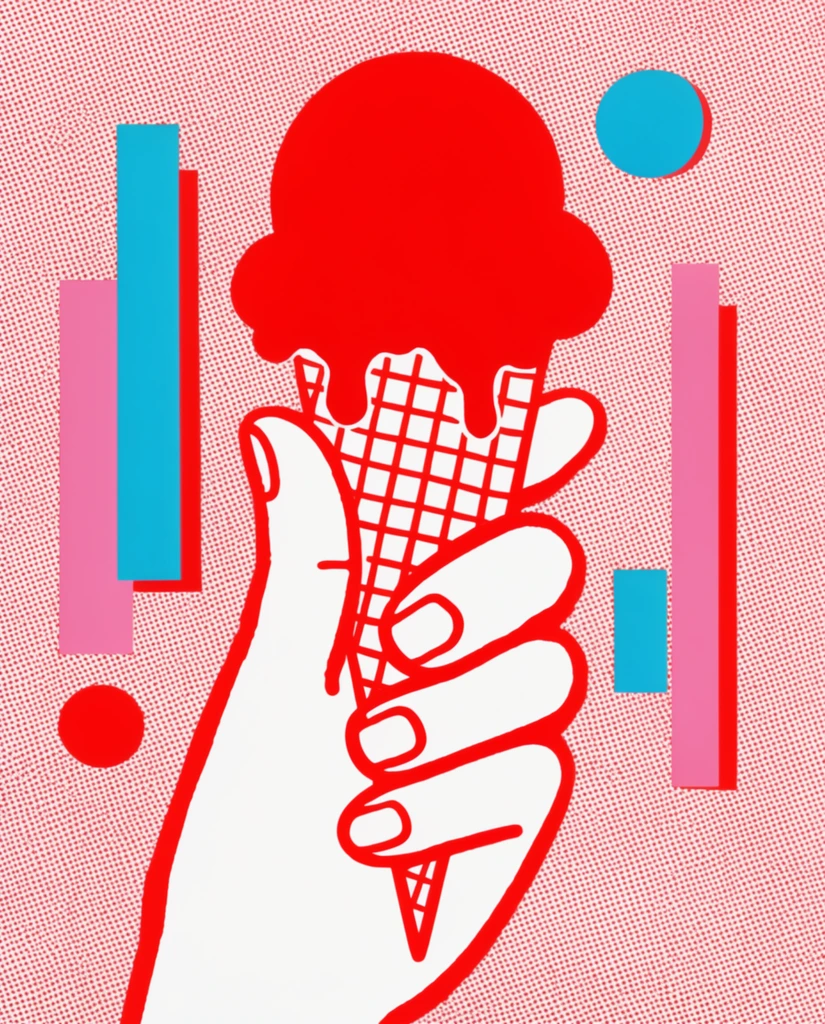 A stark white hand with heavy red outlines holds a melting red ice cream cone with a grid texture in this retro pop art illustration. Bright floating geometric shapes composed of cyan, pink, and red vertical rectangles and circles surround the central subject. A uniform red halftone dot pattern fills the background, establishing a flat, high-contrast comic book aesthetic.