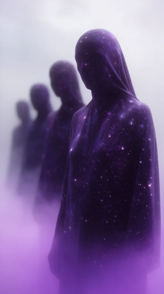 Four humanoid figures stand in a receding diagonal line. The foremost entity, captured in sharp focus, is entirely shrouded in a deep violet material resembling a starry night sky, glittering with luminescent white and pink specks. This smooth, draped cosmic texture completely obscures their facial details and physical form. A thick, glowing purple ground fog engulfs their lower halves, transitioning upward into a bright, milky-white atmospheric void. A shallow depth of field progressively blurs the three trailing silhouettes in the background, creating an ethereal, surreal composition with cinematic lighting and striking spatial depth.