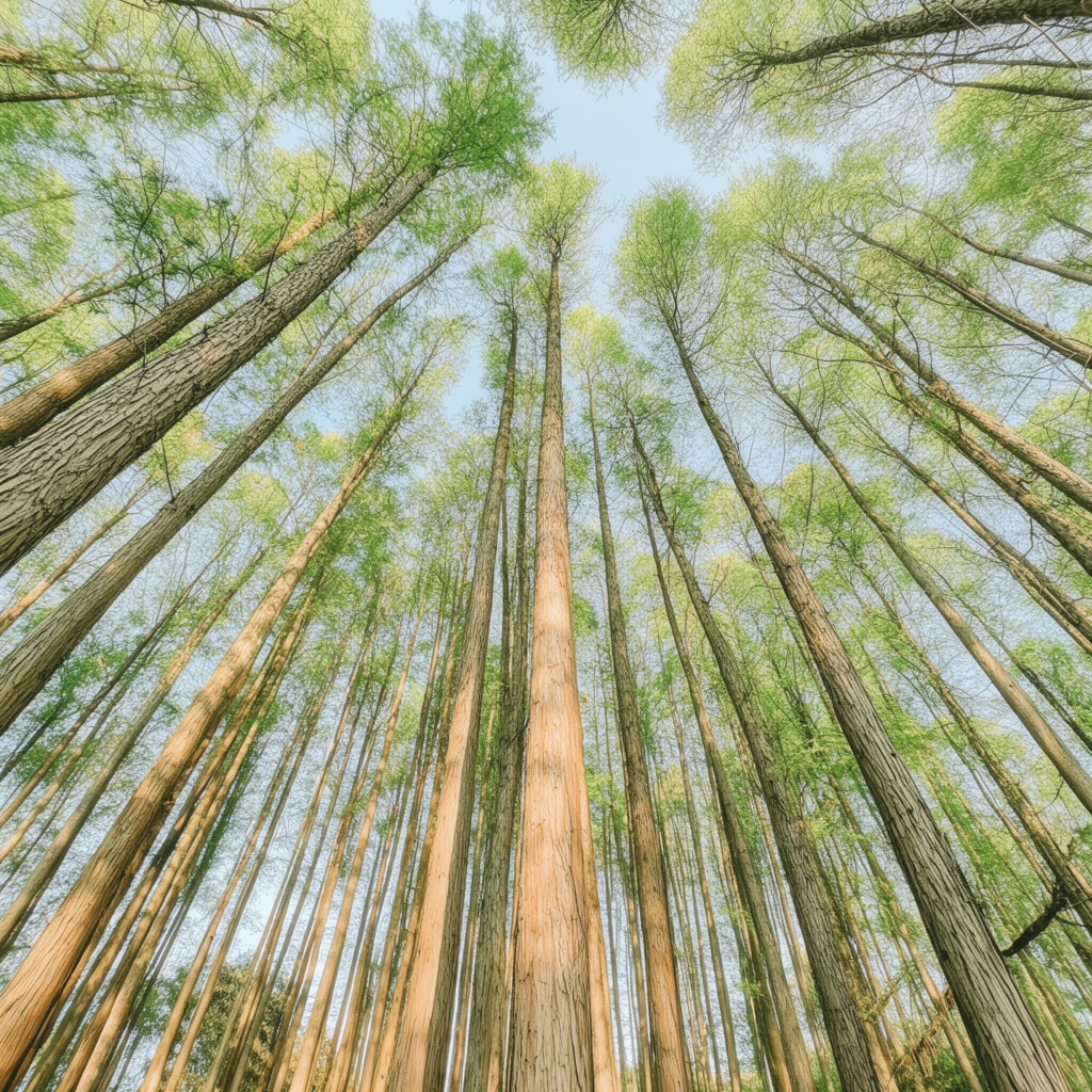 A dramatic low-angle perspective looking directly upward at a dense grove of towering trees with straight trunks converging toward a pale blue sky. The thick bark features deep vertical striations in earthy brown and grey tones. Warm sunlight catches the central trunks, creating strong vertical highlights. A vibrant canopy of light green, feathery foliage radiates outward, framing the clear sky at the zenith. The wide-angle worm's-eye view emphasizes the immense height of the slender trees, capturing a luminous, immersive forest environment characterized by natural textures and bright daylight.