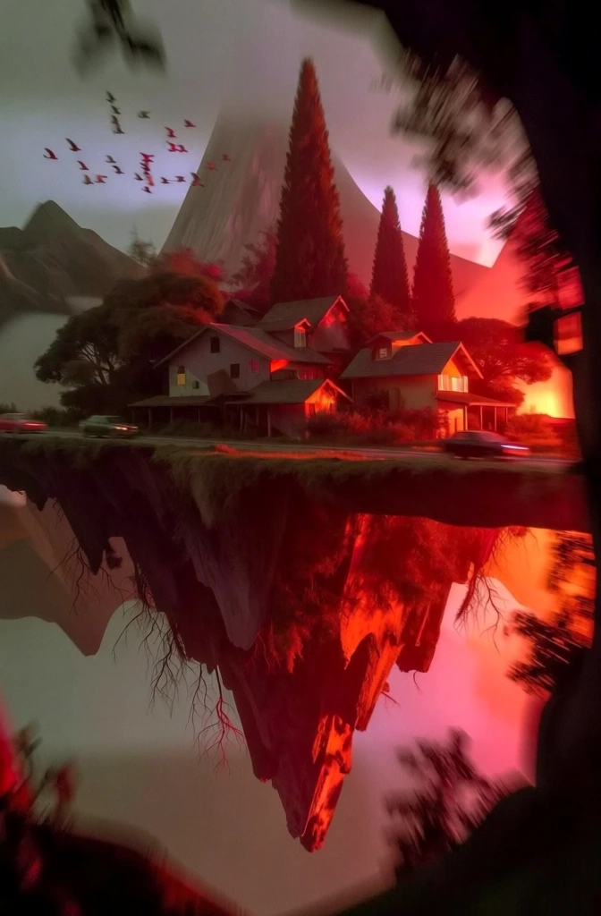 surreal floating landmass, cluster of houses and tall pointed trees, horizontal road with tiny vehicles, dangling roots and earth, towering mountains, flock of birds, perfect upside-down reflection, high-motion blur, heavy film grain, saturated deep red and hot orange glow, ethereal hazy atmosphere, low-light aesthetic, cinematic chaotic lighting, grainy voyeuristic perspective, dark shadowy edges, abstract dreamlike composition