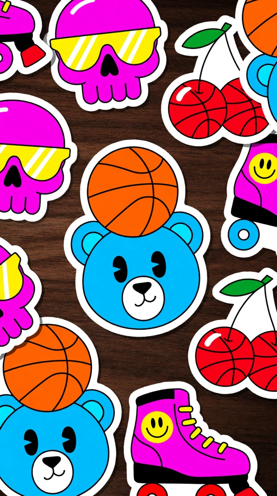 scattered vibrant die-cut stickers on a dark wood grain surface, pop art cartoon illustrations with stark white borders, neon pink skull wearing yellow sunglasses, blue bear head balancing a basketball, pink roller skate with a smiley face, cherry basketballs, bright cyan and yellow palette, bold vector graphic style, top-down overhead perspective, subtle shadows