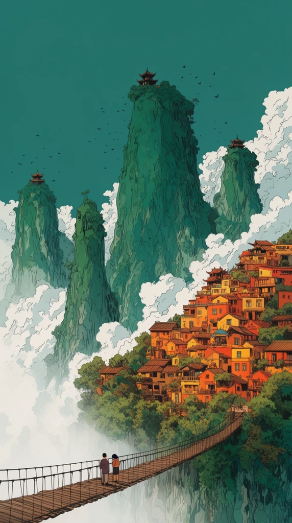 A stylized ligne claire illustration of towering emerald karst mountains rising through billowing white clouds against a solid teal sky. On the right, a vibrant village of warm orange and yellow buildings with tiered roofs clings to the steep cliffside nestled in lush foliage. In the lower foreground, a wooden suspension bridge spans a misty white chasm where two small figures stand observing the settlement. Tiny black silhouetted birds circle the highest peaks crowned by secluded pagodas.