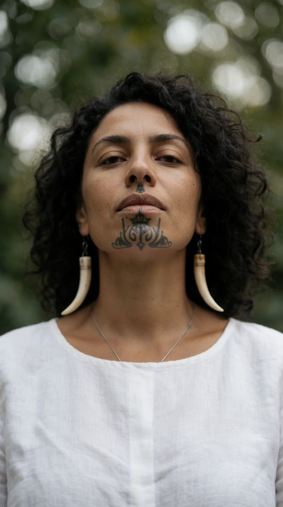 portrait of a woman with dark curly hair, traditional dark symmetrical tattoo on her chin and lips, confident neutral expression, wearing a crisp white linen top, long curved bone earrings resembling tusks, thin silver necklace, softly blurred background of green foliage, shallow depth of field, circular bokeh, natural diffused daylight, sharp focus on the face, cinematic photography