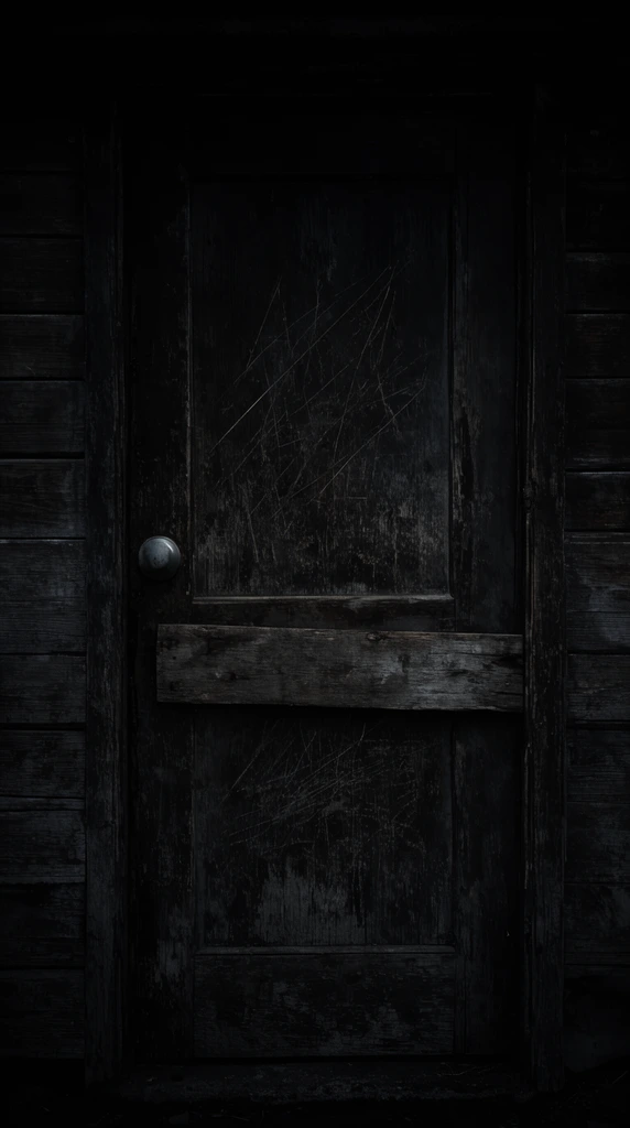 A heavily weathered dark wooden door stands centered between horizontally paneled wood walls in deep shadow. Deep scratches mar the surface, which is reinforced by a thick horizontal board nailed across the middle below a dull metallic doorknob. Extremely low-key lighting highlights the grunge textures.