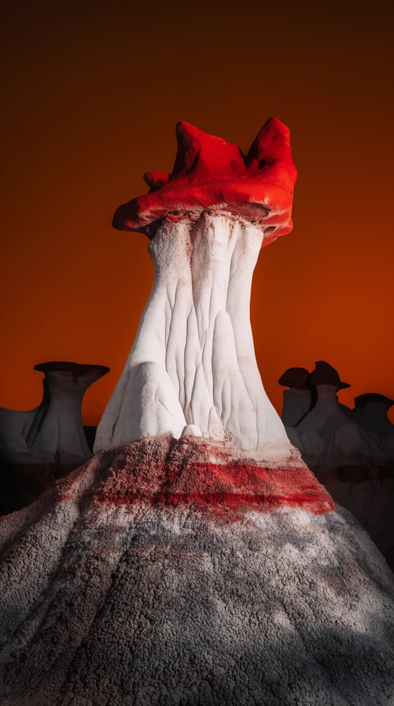 towering desert hoodoo rock formation, fluted white stone pillar with a jagged vibrant red caprock, textured mound base showing grey and red bands, smaller hoodoo silhouettes in background, dramatic foreground light painting, intense uniform dark orange sky, surreal landscape photography