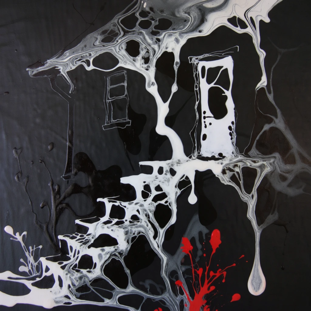 macro-perspective of a building facade rendered through viscous biomorphic fluid abstraction, silhouettes of a door and window defined by stark white liquid filaments against a matte charcoal-black abyss, cascading dendritic structures forming stairs in a web-like acrylic pour, organic plant life depicted as vibrant cadmium red splatters at the base, high-contrast monochrome marbling with grey gradients, thick glossy paint texture, fluid cellular patterns, sinuous lines