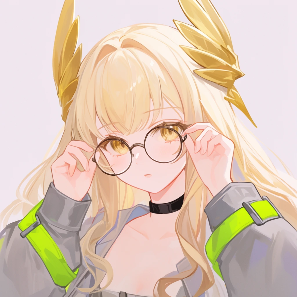 Anime-style young woman portrait, long blonde hair, golden eyes, round glasses, golden wing-like headpiece, black choker, grey jacket with neon green straps, hands adjusting glasses frames, soft pastel colors, digital illustration, light background