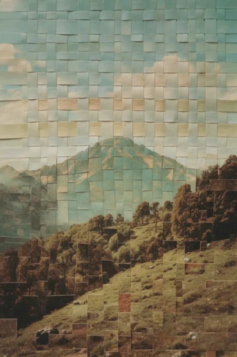 Deconstructed Analog Surrealism style reference image — pixelated geometric overlay