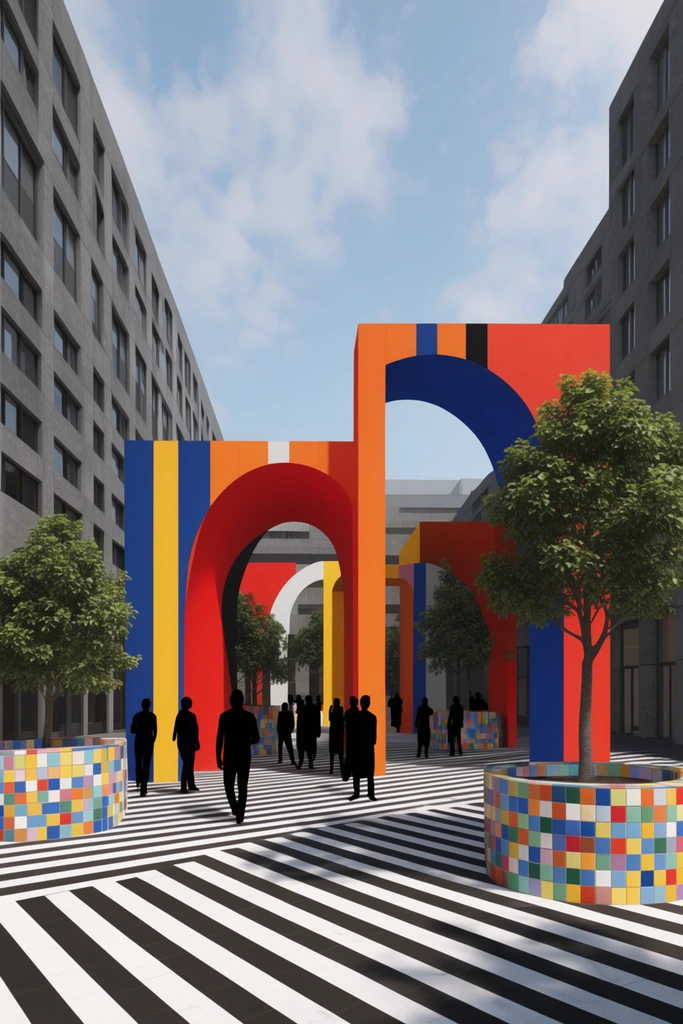 postmodern urban plaza rendering, bold geometric archways, primary colors, black and white striped ground, colorful tiled planters with trees, dark human silhouettes, grey buildings, bright daylight