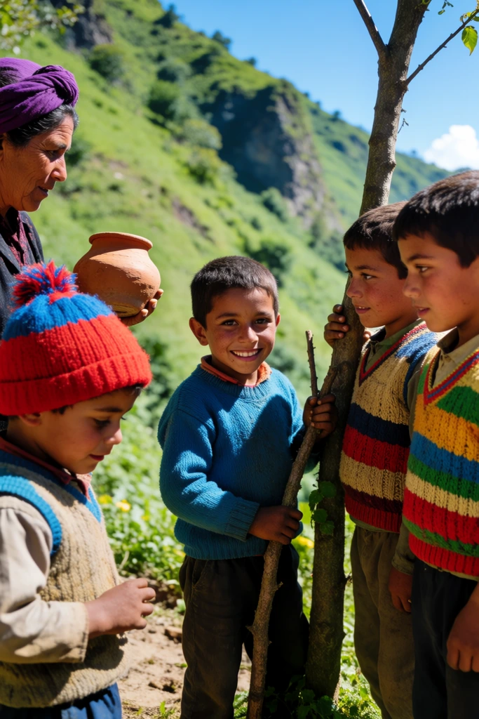 partial view of an older woman in a purple headwrap holding a small terracotta pot near four young boys in a sunlit mountainous setting, young boy in a bright red and blue knit beanie looking down, smiling boy in a blue sweater holding a wooden branch, two boys on the right in colorful striped knit vests standing by a thin tree trunk, steep lush green hillside background, bright natural sunlight, clear blue sky, cinematic photography, vibrant saturated colors