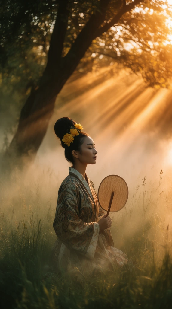 Asian woman kneeling in tall meadow grass, wearing a patterned traditional robe, high bun adorned with yellow flowers, holding a round fan, eyes closed in serene profile, thick atmospheric ground fog, dramatic golden hour sunlight creating diagonal light rays through trees, silhouetted tree trunk, ethereal cinematic photography, warm amber and green color palette