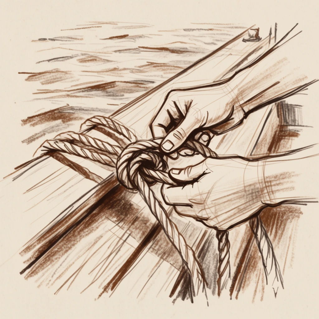 Two masculine hands tying a thick, twisted rope on a slatted wooden boat deck with rippling water in the background, rendered in the style of a loose, expressive sepia-toned charcoal or conté crayon sketch on warm beige textured paper. The hands and the intricate knot of the rope are articulated through rapid, gestural line work, utilizing varying line weights, overlapping strokes, and visible underlying structural perspective lines. Darker values and cast shadows within the rope coils and between the wooden planks are established via dense, vigorous cross-hatching and localized smudging of the brown medium. The background water and the edges of the deck are defined by quick, sparse horizontal hatching, leaving raw, open borders that blend directly into the bare, off-white paper grain, emphasizing a spontaneous, raw, draft-like aesthetic.