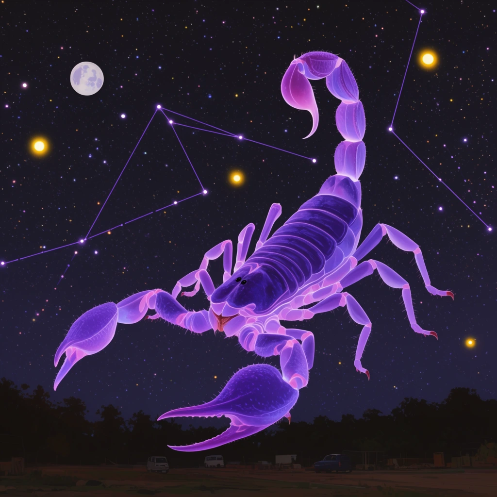 Giant translucent glowing purple scorpion illustration dominating a night sky, superimposed over vivid stars, delicate purple constellation lines, pale moon, bright yellow celestial bodies, dark silhouetted tree line, dimly lit ground with faint vehicles