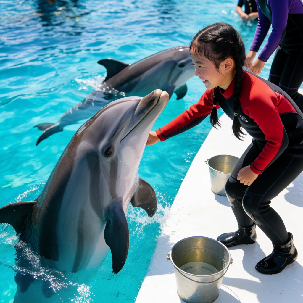 A smiling young girl in a red and black wetsuit with her hair in twin braids, reaching out to touch the side of a large dolphin leaping out of the water, another dolphin swimming in the bright turquoise water behind, white platform edge, two metal buckets, other individuals in purple and black wetsuits partially visible, high angle shot, bright daylight, clear water reflecting light.