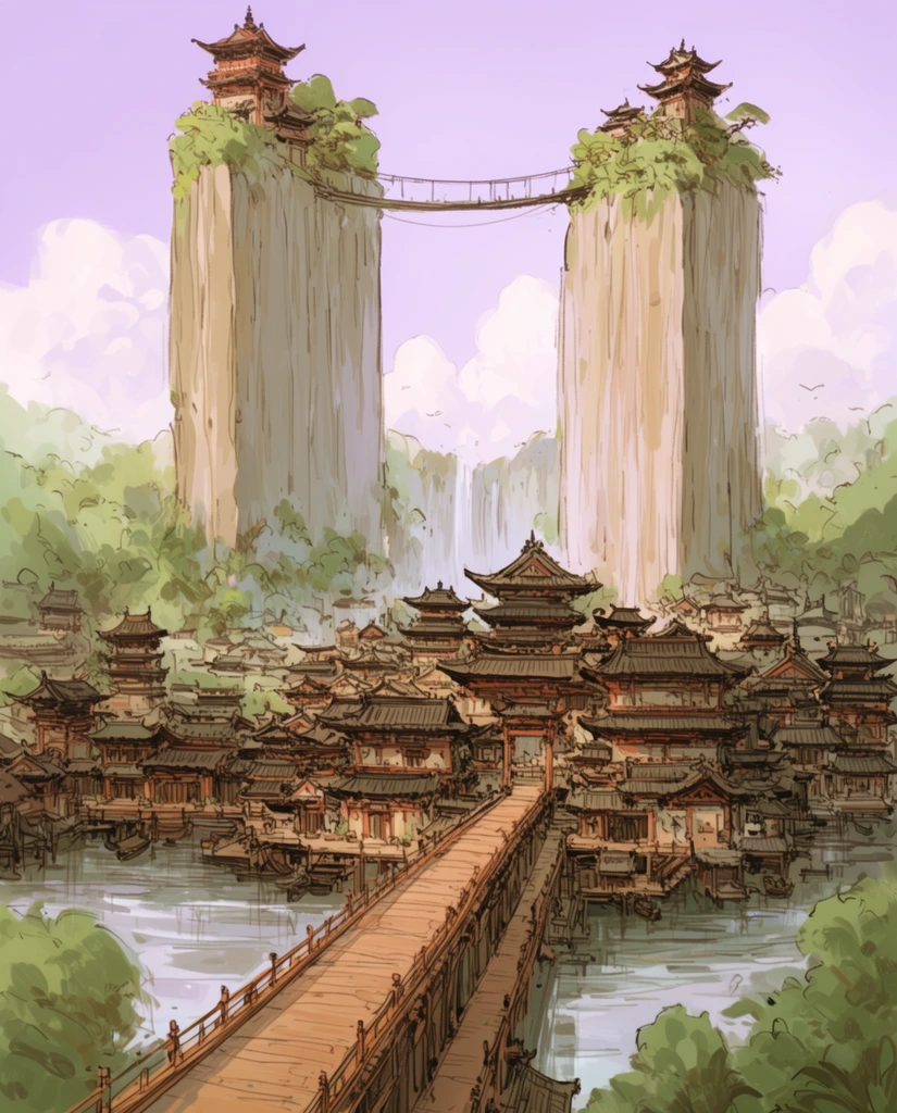 sprawling East Asian fantasy city among waterways, long wooden bridge leading to dense traditional architecture with tiered roofs, two massive sheer vertical rock pillars in the background topped with temples, slender suspension bridge connecting the peaks, faint waterfall, lush green foliage, pale lavender sky with fluffy white clouds, loose expressive line art, digital illustration, soft pastel color palette, warm earthy tones, dramatic vertical composition