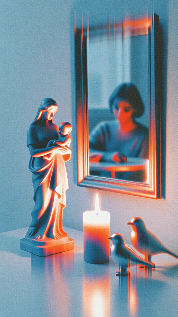 grainy textured still life featuring a statue of a mother holding a baby on a flat plane next to a lit candle and two bird figurines, a background mirror reflects a person at a table, all elements are distorted with a vertical motion blur effect creating elongated downward trails of vibrant orange and teal gradients, heavy film grain noise, retro-digital airbrushed aesthetic, high-contrast white rim lighting, lo-fi acid graphic style, saturated color palette.