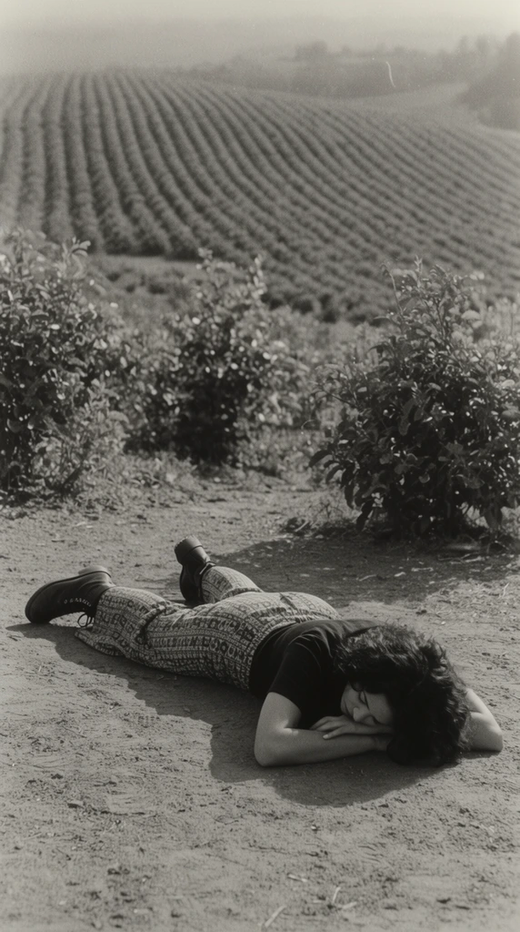 A woman lies prone on bare dirt in the foreground of an expansive agricultural landscape. She rests face down with her head cradled in folded arms, wearing a dark short-sleeved shirt, wide-legged trousers with a repeating geometric pattern, and dark lace-up boots. Dark curly hair spills across her arms. The textured dry soil casts a soft shadow beneath her. Behind her, scattered leafy bushes transition into a sloping hill covered in precise, sweeping rows of crops. The black and white cinematic composition utilizes a low ground-level camera angle, natural daylight, vintage celluloid film grain, and atmospheric haziness in the distant fields.