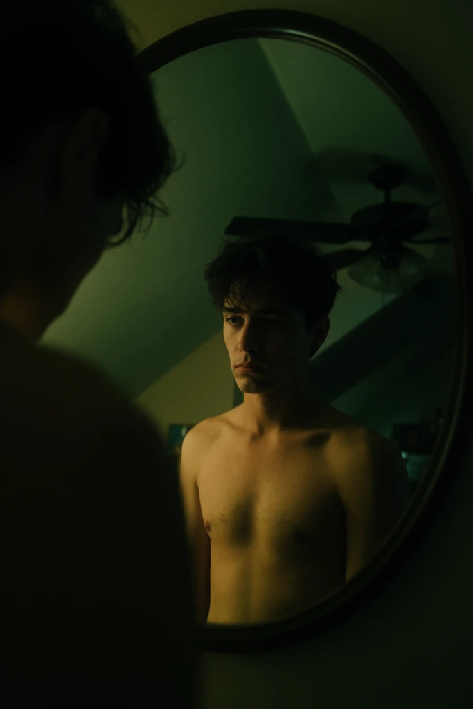 A shirtless young man with dark, messy hair and a somber expression gazes into a large oval mirror in a dimly lit room. The composition is framed by the heavy, out-of-focus dark silhouette of his actual shoulder and back in the extreme left foreground, contrasting with the clear reflection. The mirror captures his chest-up image alongside a moody, shadowed background featuring sloped attic ceilings and a dark ceiling fan. The scene is bathed in low-key, cinematic lighting with heavy shadows and a distinct color grading of deep greens and muted yellows. Intense shadows drape across his face and torso, emphasizing the moody, introspective atmosphere and the voyeuristic, over-the-shoulder framing of the shot.
