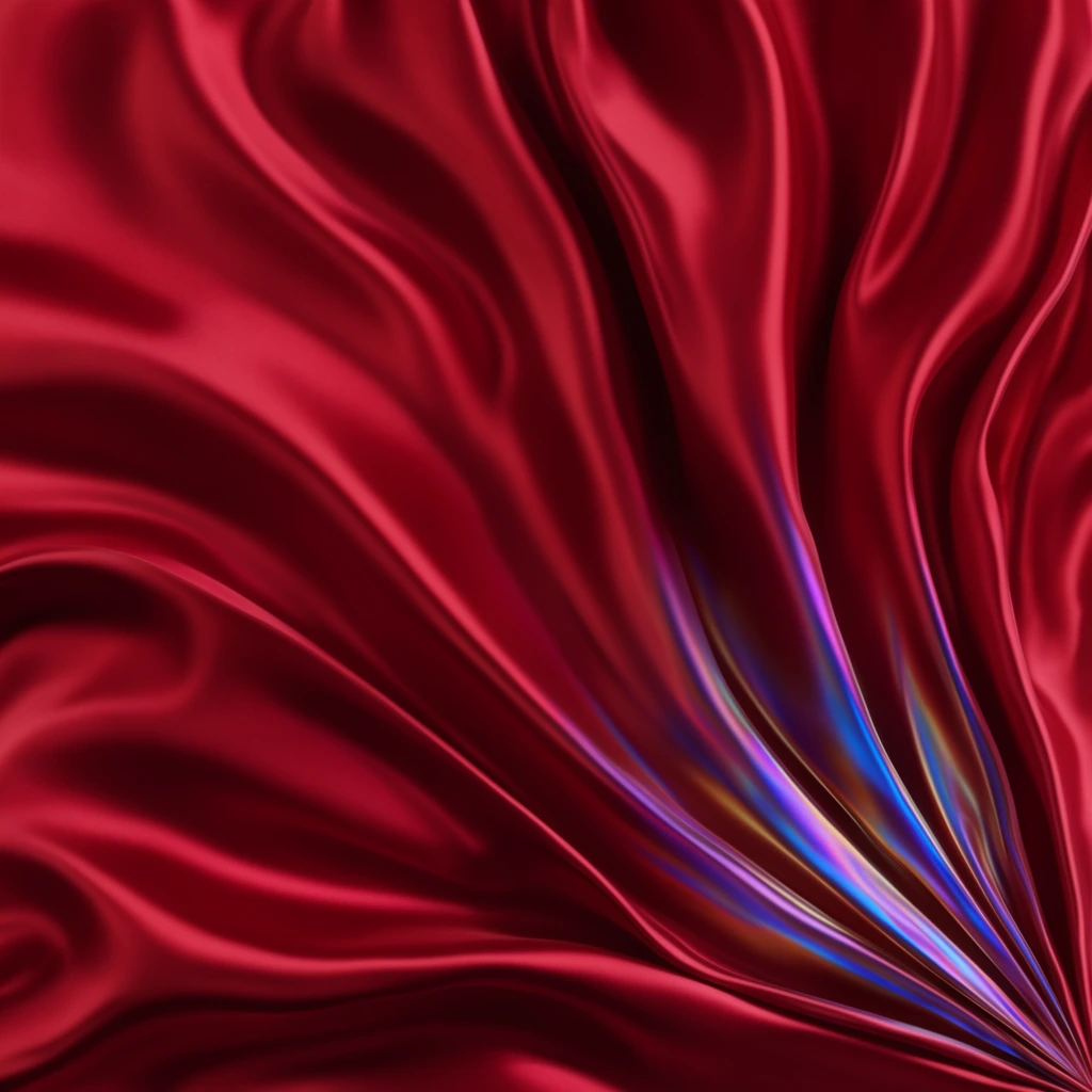Deep crimson silk fanning dynamically from the lower right, sweeping upwards into wide undulating ripples and sharp ridges. The smooth, glossy material forms deep velvety shadows in its valleys. Along the prominent folds near the origin point, striking iridescent highlights glow in electric blue, vivid violet, and subtle golden streaks. This abstract, hyper-realistic composition features fluid organic lines and a saturated ruby palette, emphasizing the tactile, liquid-like drape and dramatic sheen of luxurious fabric under directional lighting.