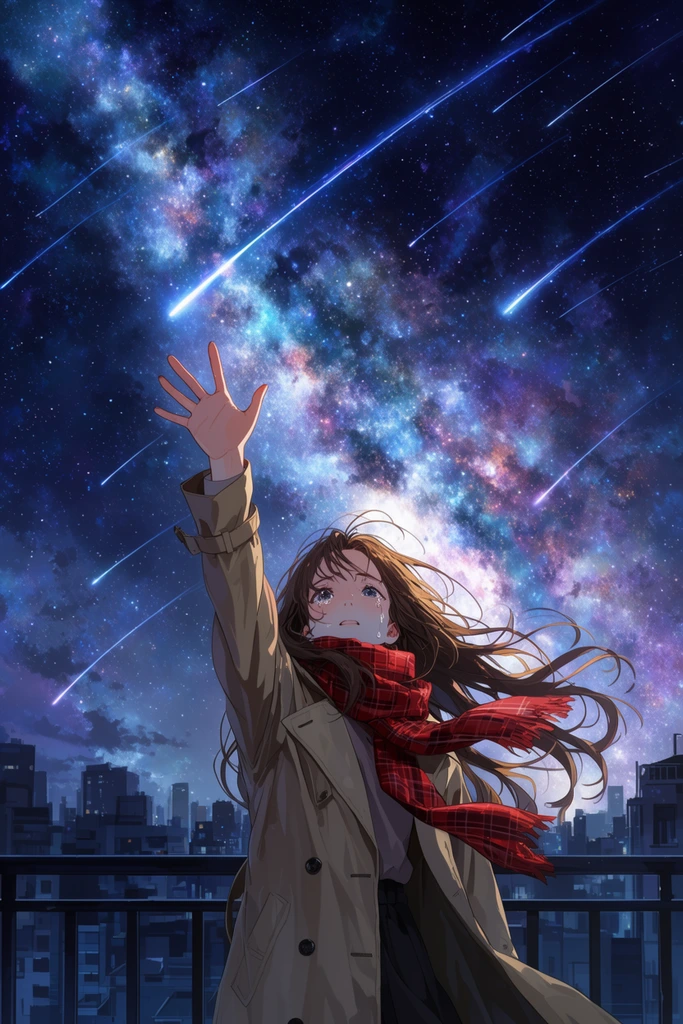 anime illustration of a tearful young woman reaching towards a starry night sky, long flowing brown hair, right arm extended upward, tan trench coat, red plaid scarf blowing in the wind, standing on a balcony behind dark metal railings, dense silhouette of an urban city skyline below, vibrant glowing Milky Way galaxy, luminous cosmic dust clouds in blue and purple, bright streaking shooting stars, low angle perspective, cinematic celestial lighting