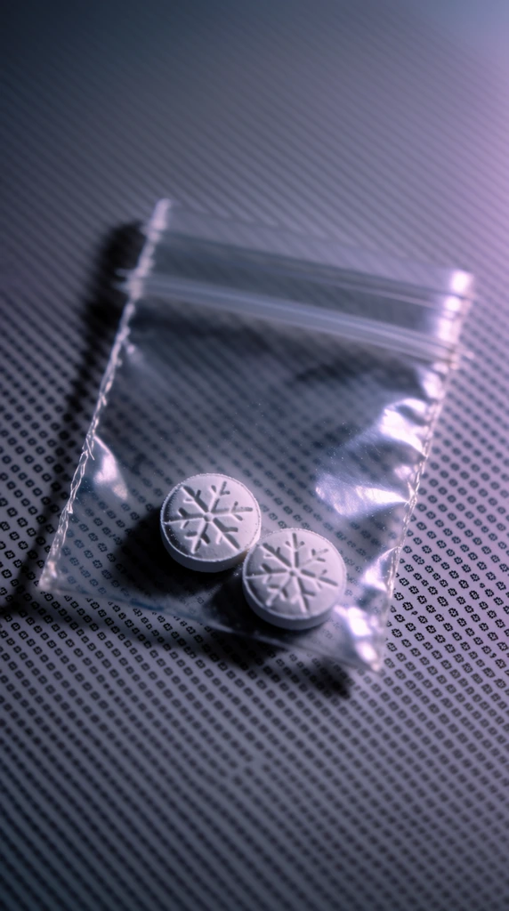 Two chalky white circular pills featuring an embossed six-pointed snowflake design sit inside a small, crinkled clear plastic baggie. The pouch lies flat on a light gray surface densely covered in rows of tiny dark geometric patterns. Moody, cool-toned lighting washes the macro scene in subtle purple and blue hues, creating sharp reflective glints on the wrinkled plastic. Captured from a top-down perspective with a shallow depth of field, the central focus highlights the intricate pill stamping against the smoothly blurred, monochromatic background.
