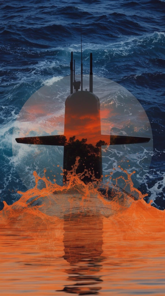 A surreal double-exposure composition blends the dark silhouette of a submarine conning tower with deep ocean waves and vibrant orange graphical overlays. The central submarine shape features antennas extending upward, while its internal body reveals a landscape of dark trees against a fiery sky. A translucent circular halo frames the tower against turbulent, navy blue ocean waters crested with white foam. In the foreground, a semi-transparent splash of orange water crashes upward, heavily stylized with horizontal digital scanlines that distort the rippling reflection. The digital collage aesthetic sharply contrasts cool oceanic blues with intense warm orange tones.