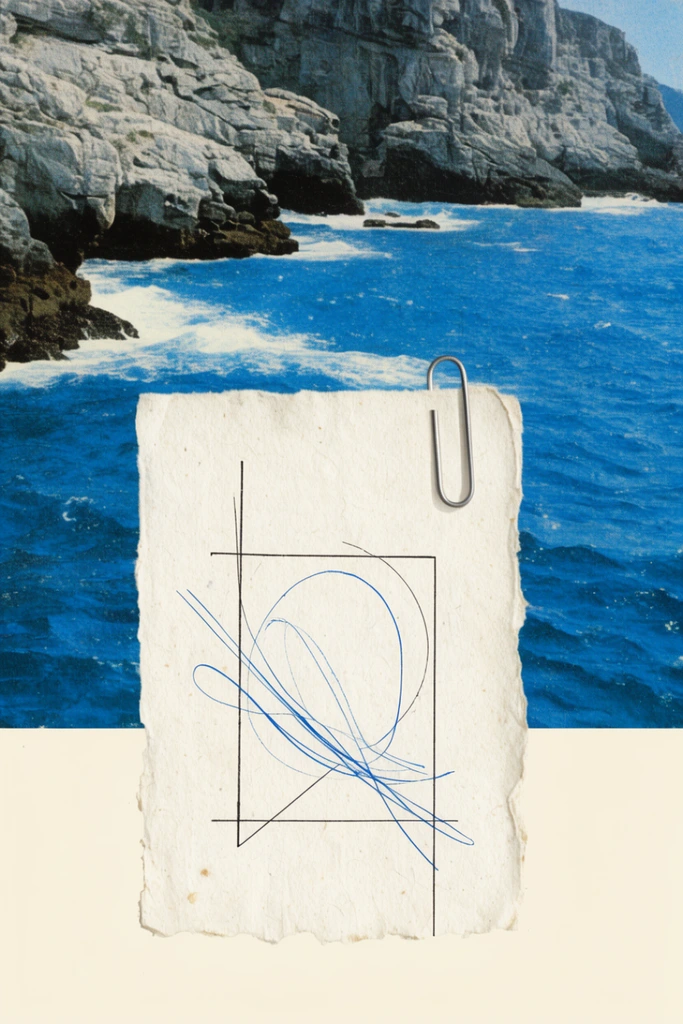 A vintage mixed-media collage featuring a textured off-white paper rectangle attached by a top-right silver paperclip. It overlays a split background containing a grainy retro photograph of a vivid blue ocean with rugged grey coastal cliffs above, and a solid cream surface below. The central paper displays thin black geometric lines and delicate blue ink strokes.