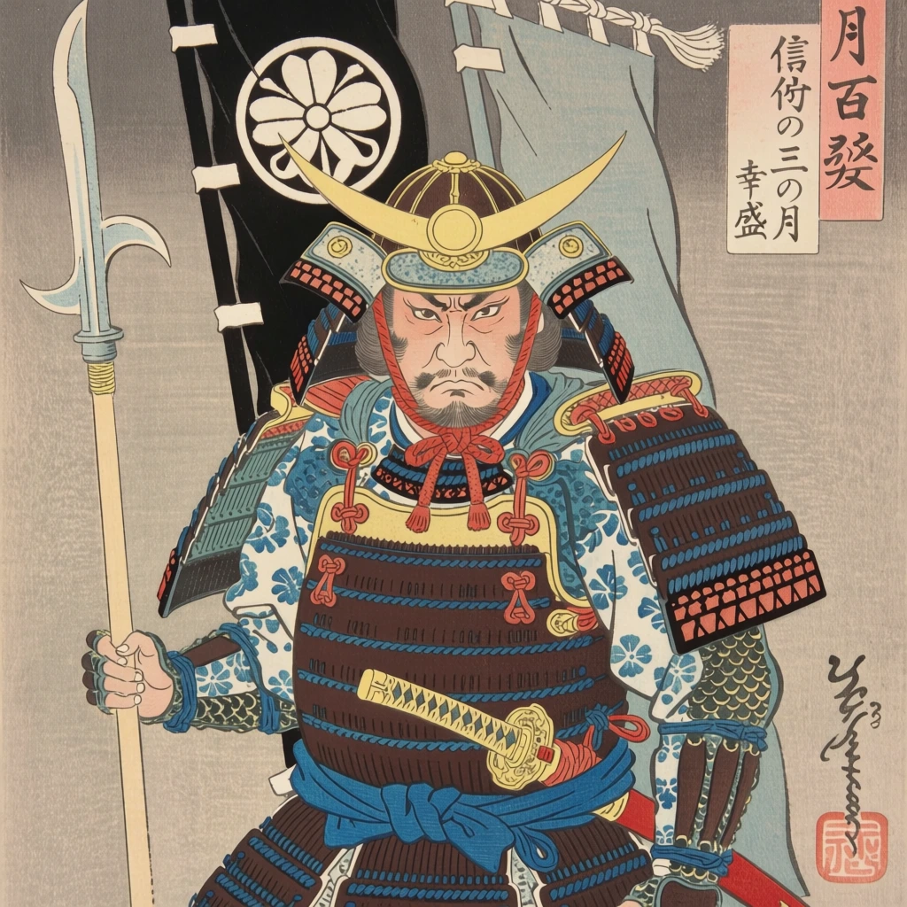 A full-length portrait depicts a stern samurai clad in intricate traditional armor, holding a polearm against a neutral, textured background. The central figure stands in a formal posture, wearing a dark brown lamellar chest protector laced with blue silk cords and accented with small red studs along the edges. His helmet, or kabuto, features a prominent, bright yellow crescent moon ornament at the front and a thick red cord tied securely under his chin. The samurai’s face is rendered with a focused expression, marked by a furrowed brow, a dark mustache, and a short beard. In his right hand, he grasps a long, light-colored wooden polearm topped with a silver-colored spearhead that combines a straight blade with a crescent-shaped side blade. A second weapon, a sword with a decorative gold hilt, is tucked horizontally into a white fabric belt at his waist. His armored sleeves and thigh guards display a mix of blue and white floral patterns and dark, scale-like metal mesh. The entire composition is set against a flat, pale grey backdrop with a subtle, woven texture. In the upper right corner, two vertical rectangular boxes contain Japanese calligraphy; the outermost box is pink with the black characters "月百姿", and the inner white box contains the characters "信仰の三の月" followed by "幸盛" in smaller script. A black calligraphic signature and a red square artist's seal appear in the bottom right corner. This ukiyo-e woodblock print utilizes fine black outlines and a palette of earthy tones, deep blues, and vibrant reds, emphasizing the decorative patterns and layered textures of the warrior's equipment through an even, shadowless lighting.