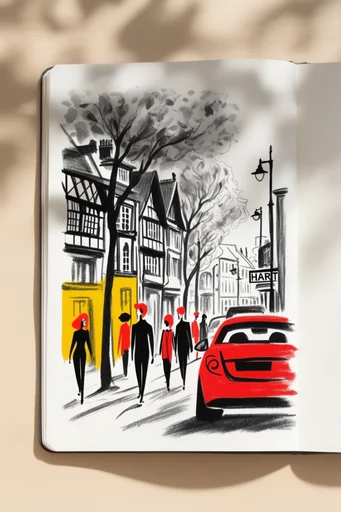 Graphic Mid-Century Whimsy style reference image — bold red black and cream palette