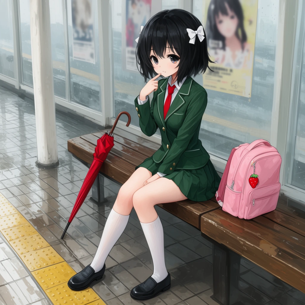 2D anime illustration, girl sitting on a train station bench, short black hair with white bows, green school blazer, red tie, pleated skirt, white knee-high socks, black shoes, finger resting near her mouth, pink backpack with a strawberry charm beside her, red umbrella leaning against the wooden bench, wet tiled platform reflecting light, yellow tactile paving, glass wall with blurred posters behind, white pillar, soft diffuse lighting, highly detailed digital painting