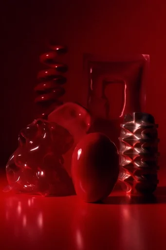 Monochromatic Crimson Surrealism style reference image — high-gloss liquid latex