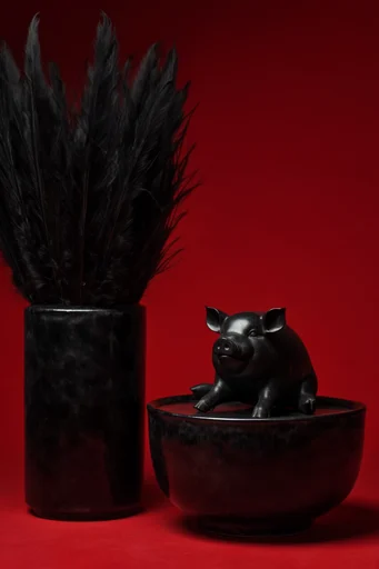 Crimson Noir Minimalism style reference image — obsidian black subject