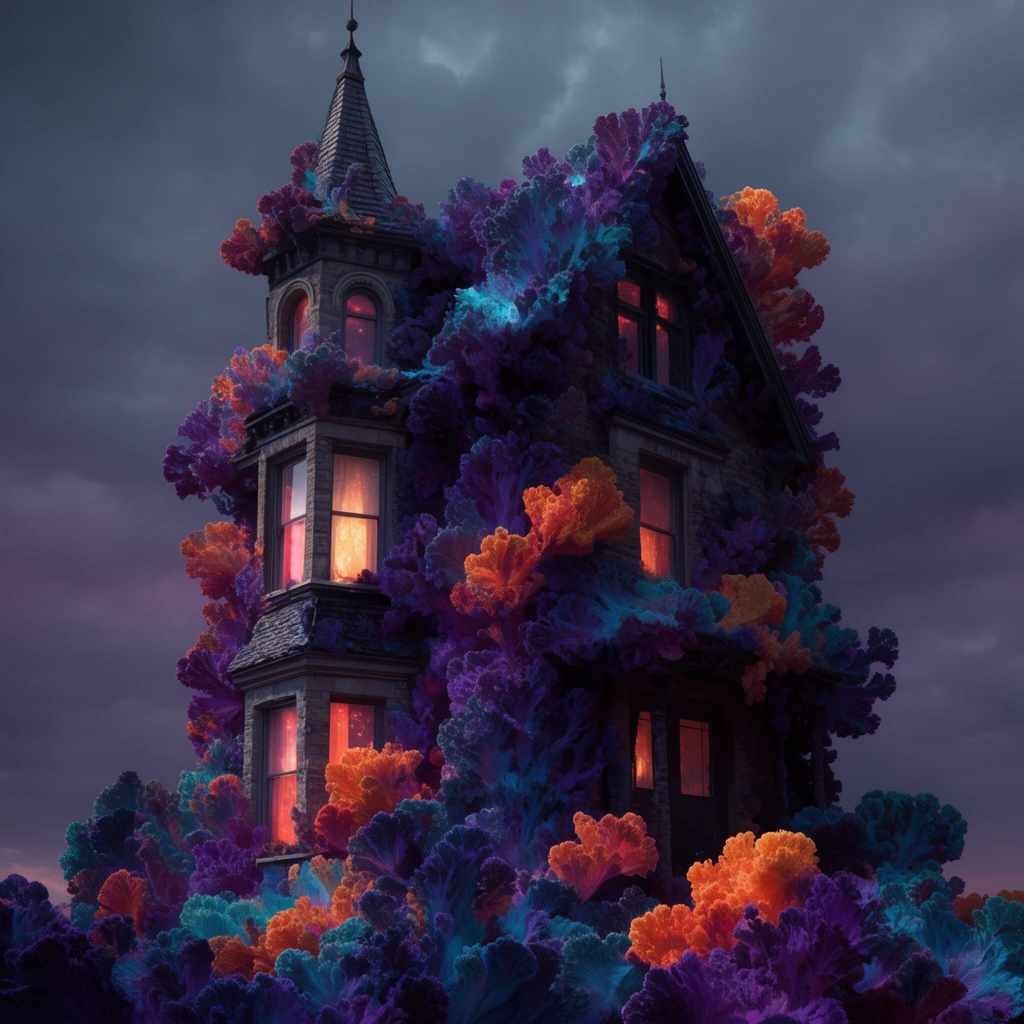 tall Victorian house engulfed in vibrant fractal coral-like foliage, deep purple cyan and orange textures, moody glowing light, surreal 3D render