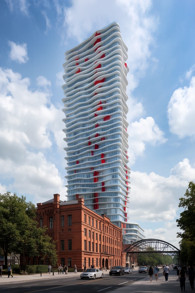 A towering glass skyscraper with undulating white balconies and scattered red panels rises sharply behind a historic red brick building. A street scene below includes cars, pedestrians, trees, and a metal archway under a bright, cloudy sky.