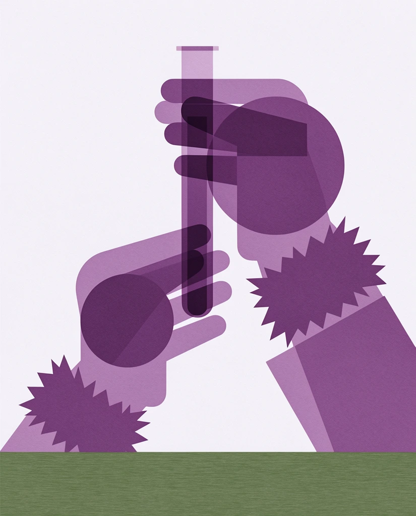 Two gloved hands with fur cuffs holding a test tube are constructed entirely from crisp, overlapping geometric primitives, including perfect circles, straight-edged rectangles, and sharp-angled polygons. The hands, jagged geometric fur elements, and central test tube are rendered in varying flat shades of muted purple, mauve, and deep violet. Where the precise geometric shapes of the fingers, gloves, and cylindrical tube intersect, abrupt value changes form distinct translucent overlay panels of darker and lighter purples. The central subjects rest against a stark, uniform pale off-white background. A solid, straight-edged horizontal rectangular block of muted olive green anchors the very bottom of the composition. The artwork features a fine, uniform, paper-like stippled texture across the purple and white sections, with a pronounced horizontal fibrous grain visible specifically on the green ground plane. The composition is a minimalist, orthographic geometric abstraction utilizing exclusively flat 2D color fills, relying purely on shape intersection and distinct, unshaded blocks of color to construct the visual forms.