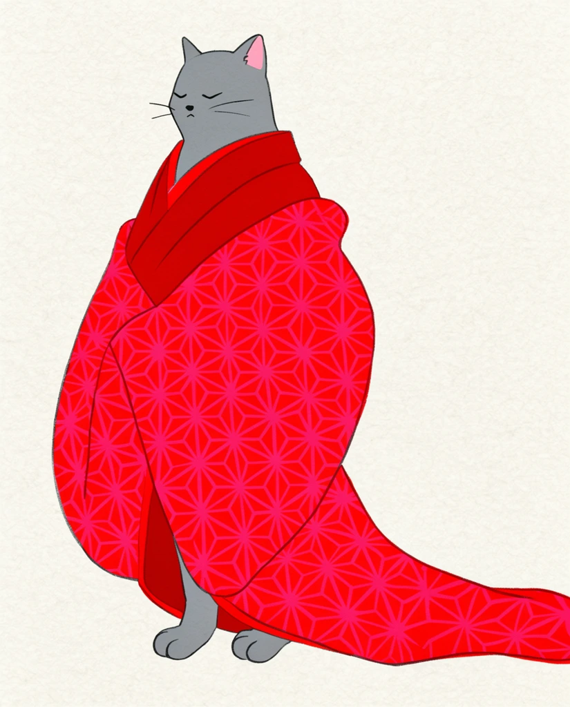 anthropomorphic gray cat with closed eyes, voluminous red kimono with pink geometric star patterns, trailing fabric, flat 2D illustration, textured off-white background